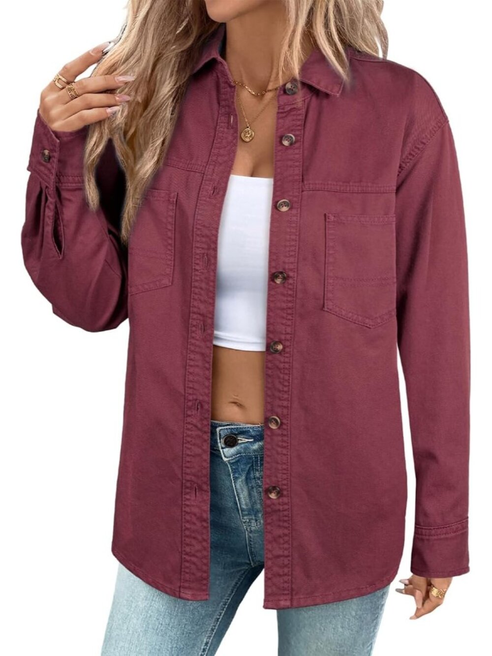 Women’s Burgundy V Neck Long Sleeve Button Down Oversized Casual Top Blouse